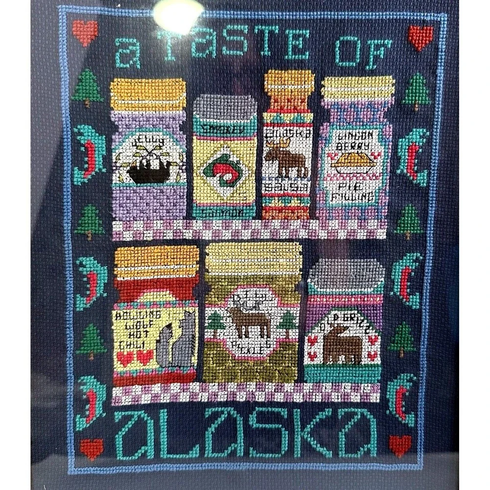VTG A Taste of Alaska Framed Cross Stitch Wall Art Handmade Cabin Decor 15x12‎